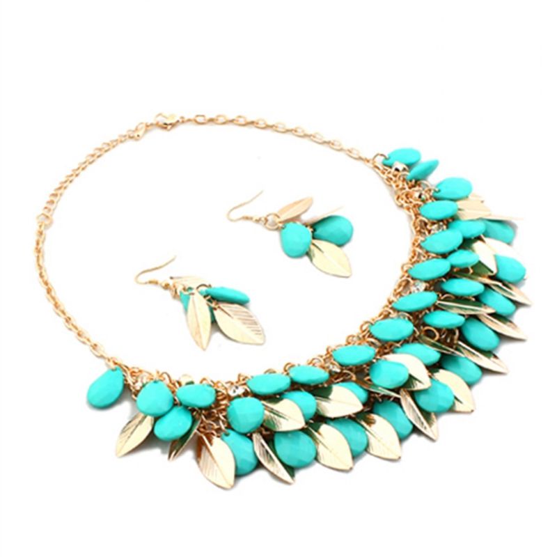 Sky Blue and Gold Leaf Bib Necklace and Earrings SET - Click Image to Close